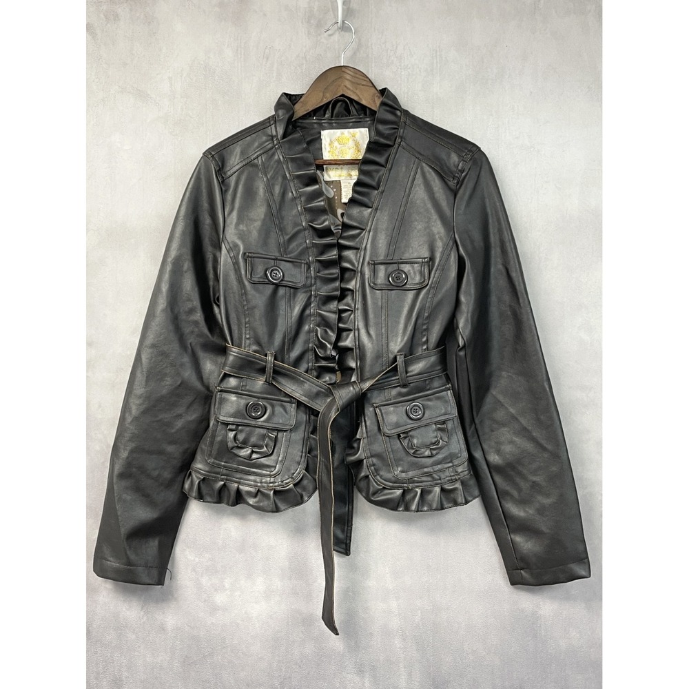 Wet Seal Womens Faux Leather Jacket XL Brown Ruffle Belted Y2K 2000s McBling